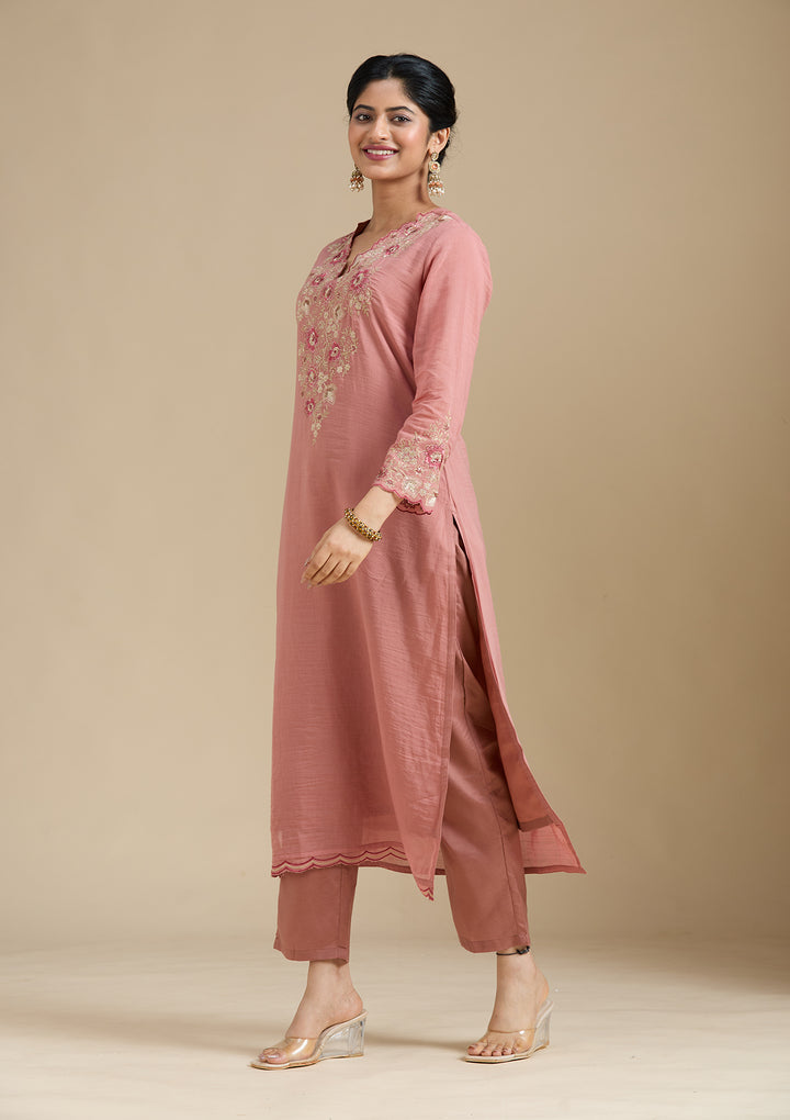Rust Chanderi Threadwork Straight Kurta With Regular Pant And Dupatta