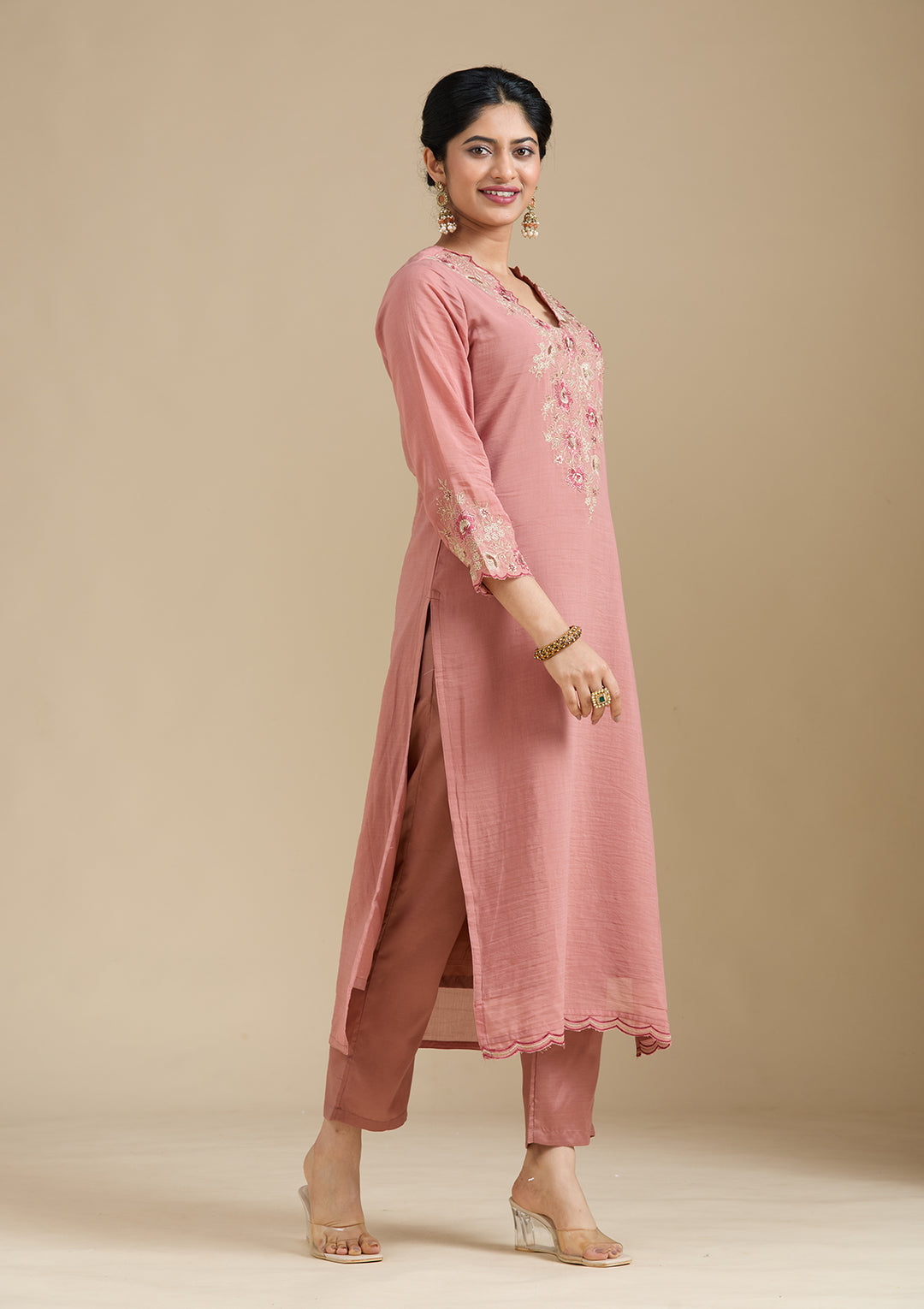 Rust Chanderi Threadwork Straight Kurta With Regular Pant And Dupatta