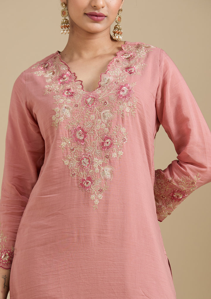 Rust Chanderi Threadwork Straight Kurta With Regular Pant And Dupatta