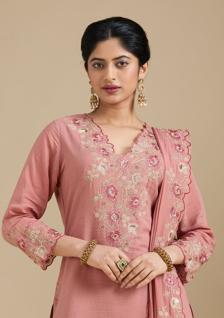 Rust Chanderi Threadwork Straight Kurta With Regular Pant And Dupatta