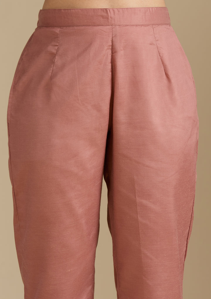 Rust Chanderi Threadwork Straight Kurta With Regular Pant And Dupatta
