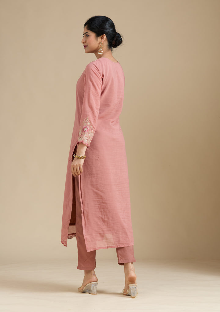 Rust Chanderi Threadwork Straight Kurta With Regular Pant And Dupatta
