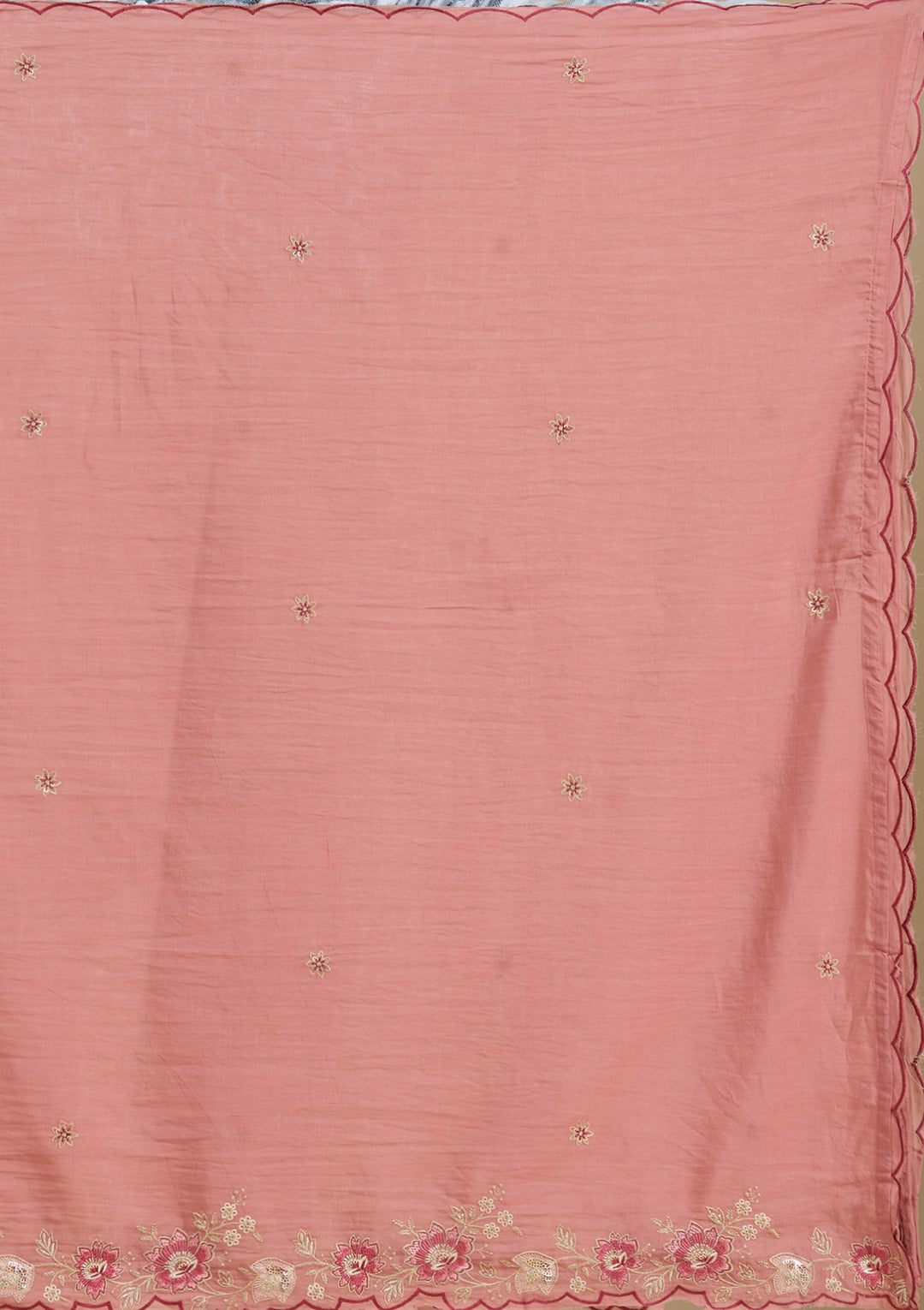 Rust Chanderi Threadwork Straight Kurta With Regular Pant And Dupatta