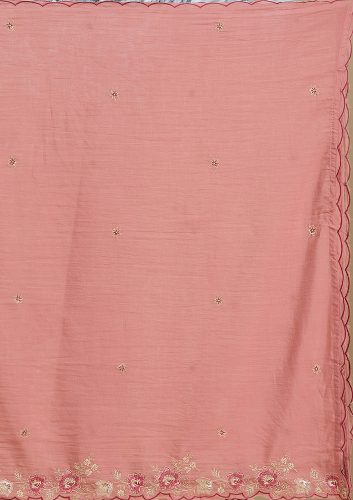 Rust Chanderi Threadwork Straight Kurta With Regular Pant And Dupatta