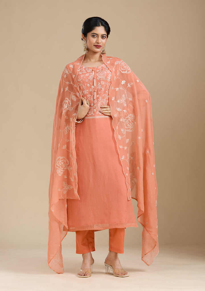 Light Orange Organza Gold Zardozi Straight Kurta With Pant Regular And Dupatta
