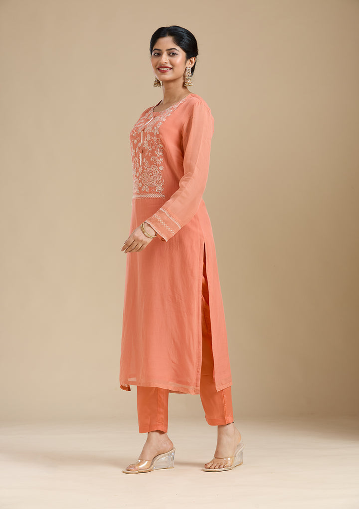 Light Orange Organza Gold Zardozi Straight Kurta With Pant Regular And Dupatta