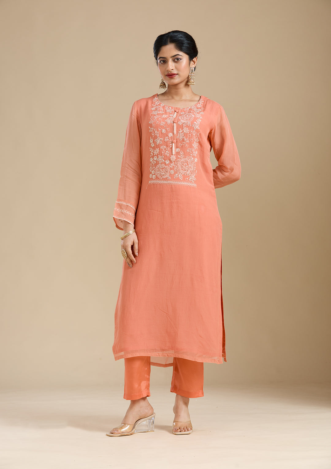 Light Orange Organza Gold Zardozi Straight Kurta With Pant Regular And Dupatta