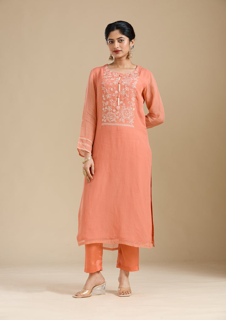Light Orange Organza Gold Zardozi Straight Kurta With Pant Regular And Dupatta