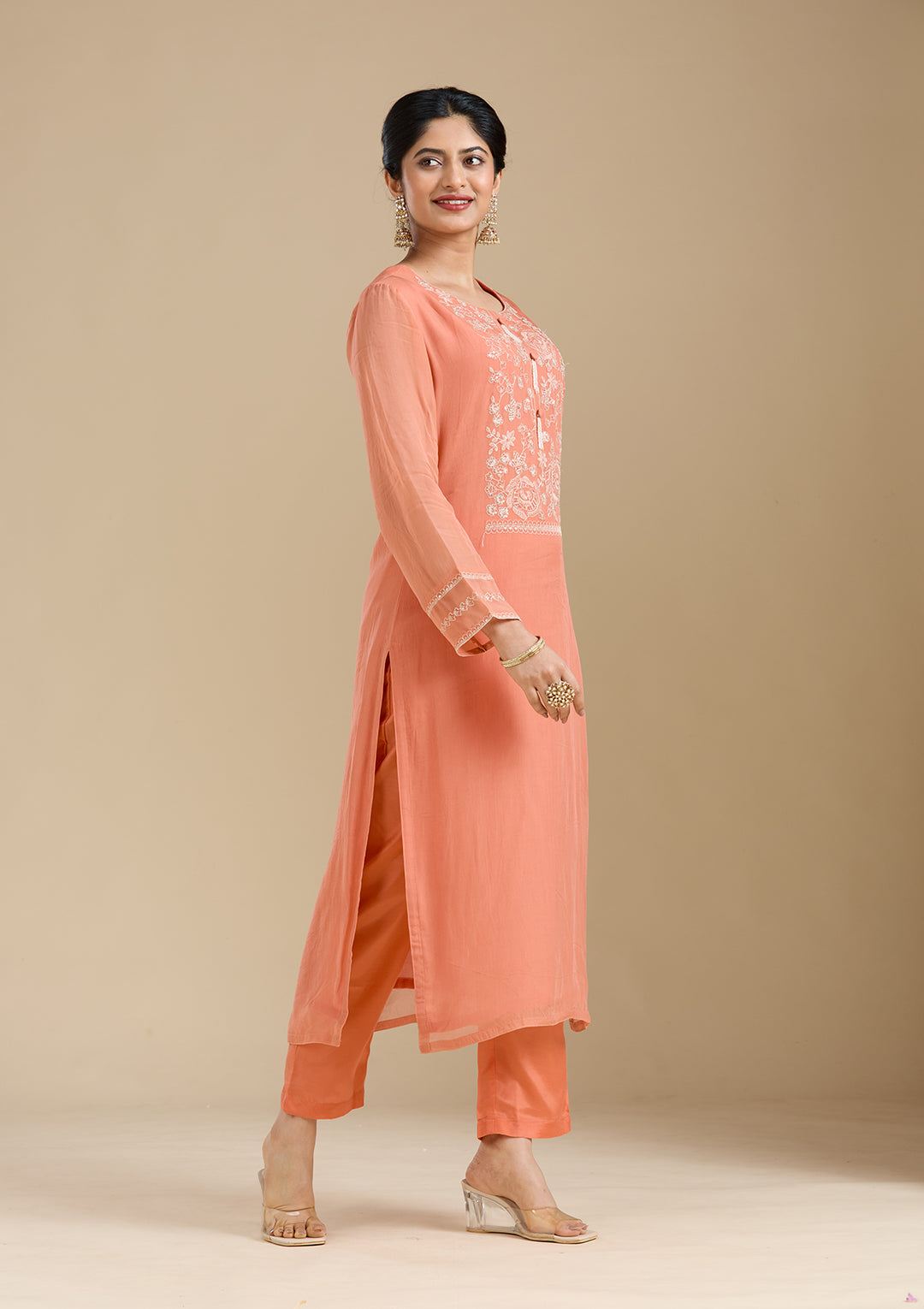 Light Orange Organza Gold Zardozi Straight Kurta With Pant Regular And Dupatta