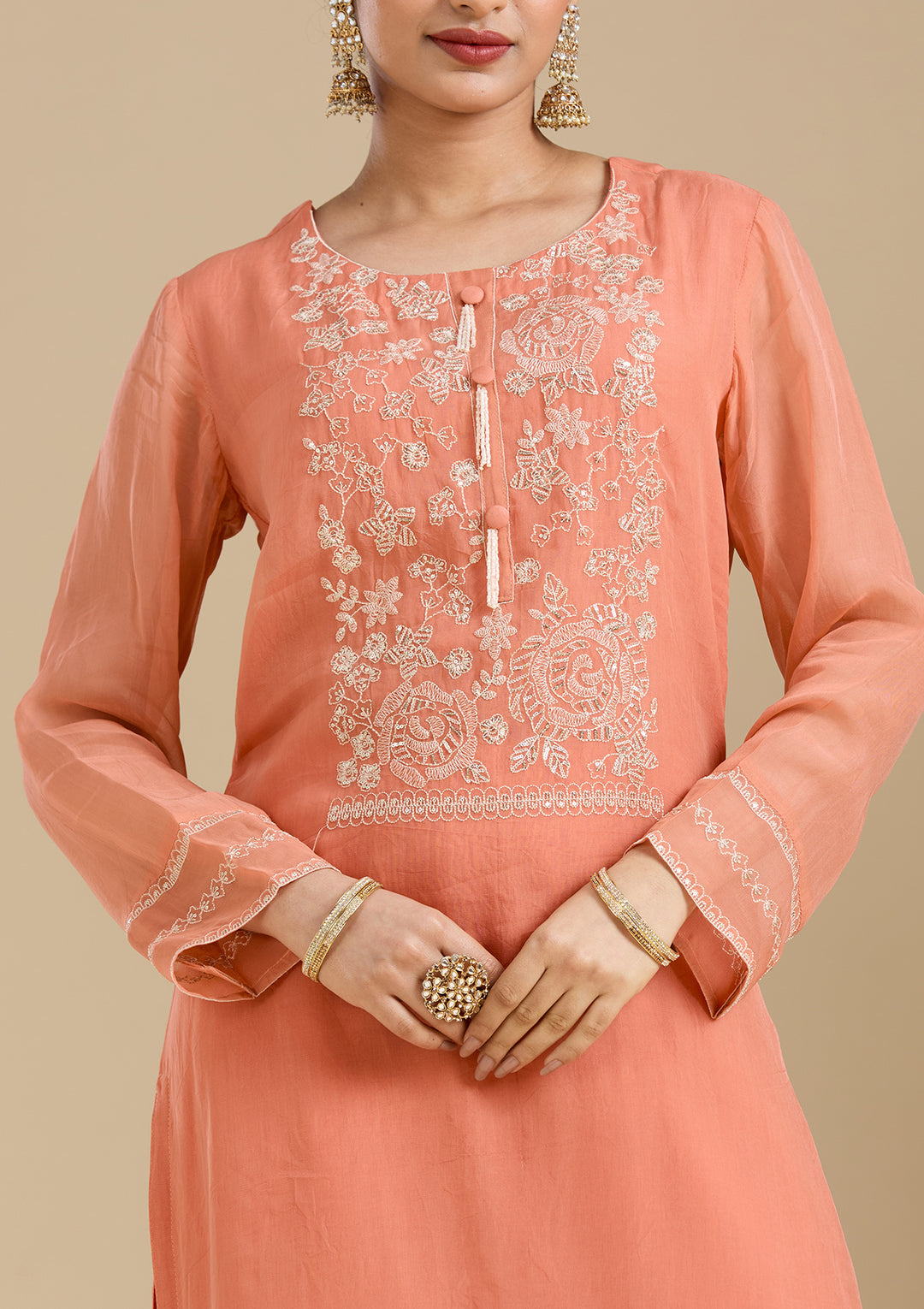 Light Orange Organza Gold Zardozi Straight Kurta With Pant Regular And Dupatta