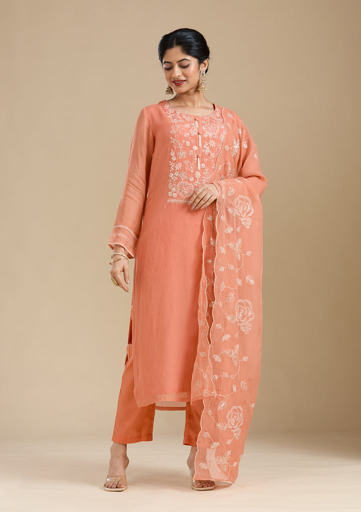 Light Orange Organza Gold Zardozi Straight Kurta With Pant Regular And Dupatta