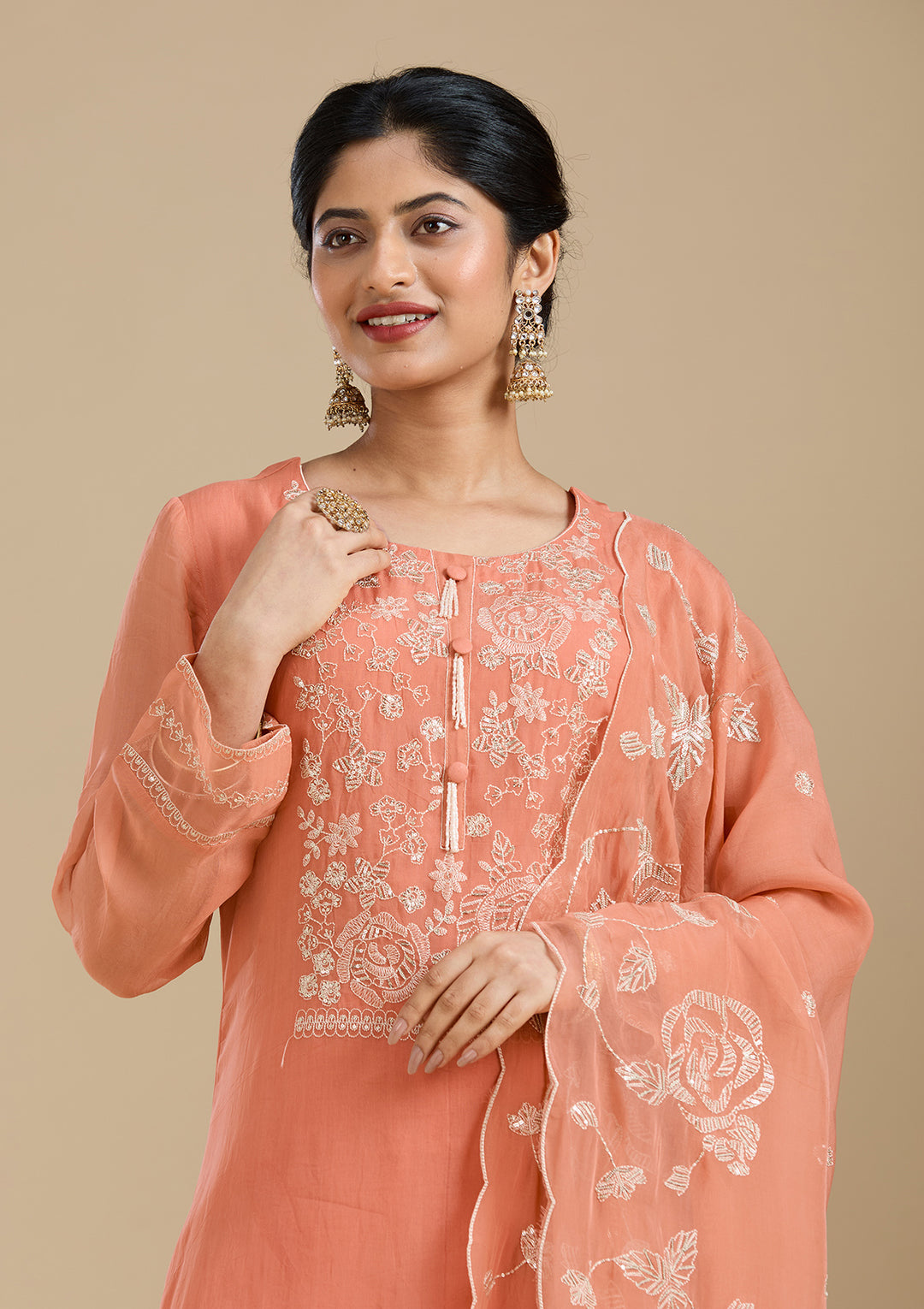 Light Orange Organza Gold Zardozi Straight Kurta With Pant Regular And Dupatta