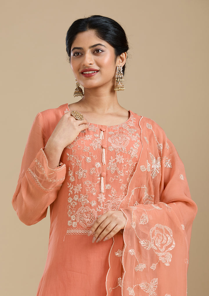 Light Orange Organza Gold Zardozi Straight Kurta With Pant Regular And Dupatta