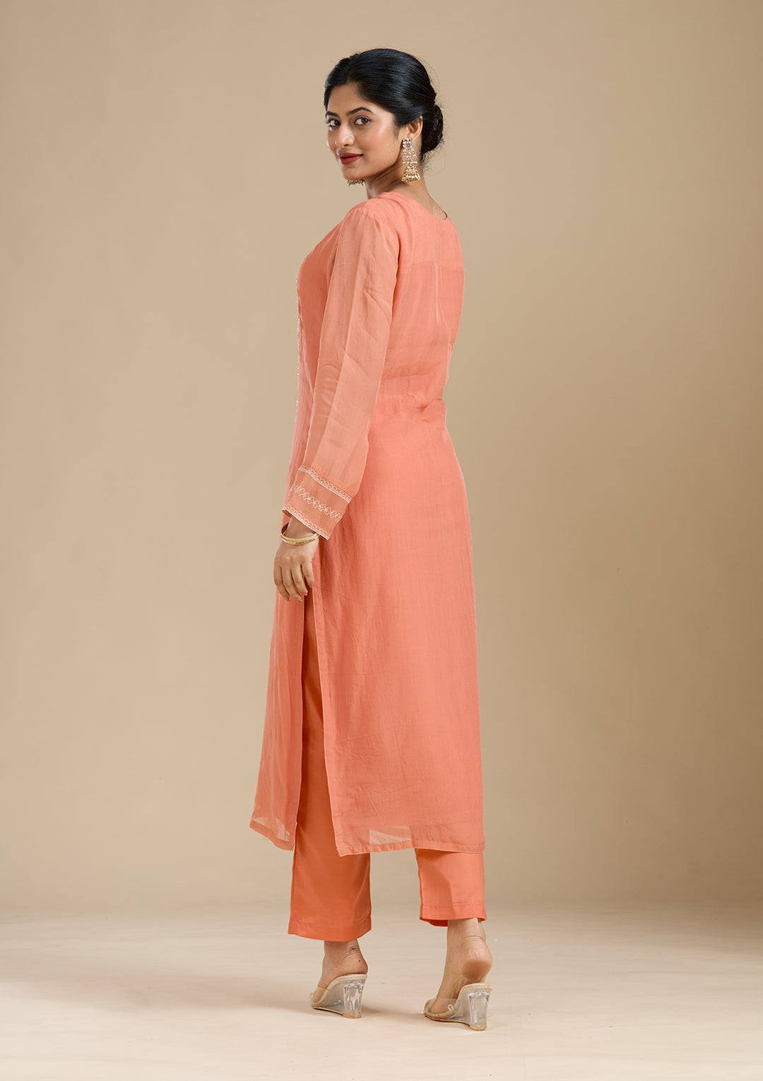 Light Orange Organza Gold Zardozi Straight Kurta With Pant Regular And Dupatta