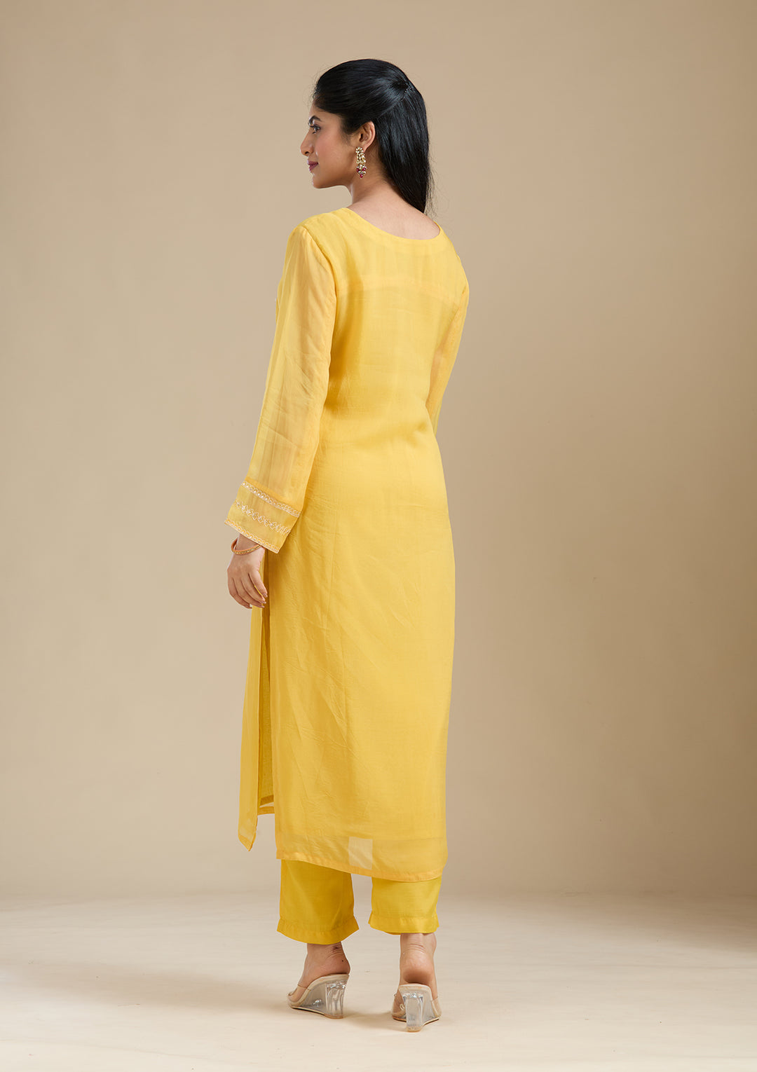 Mustard Yellow Organza Gold Zardozi Straight Kurta With Pant Regular And Dupatta