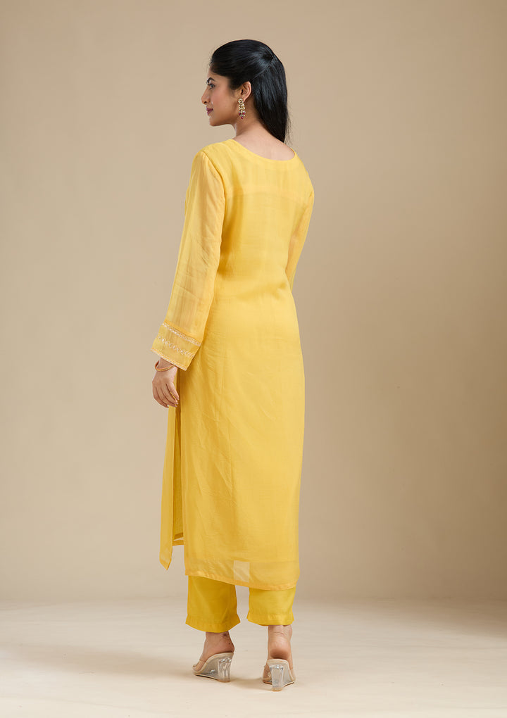 Mustard Yellow Organza Gold Zardozi Straight Kurta With Pant Regular And Dupatta