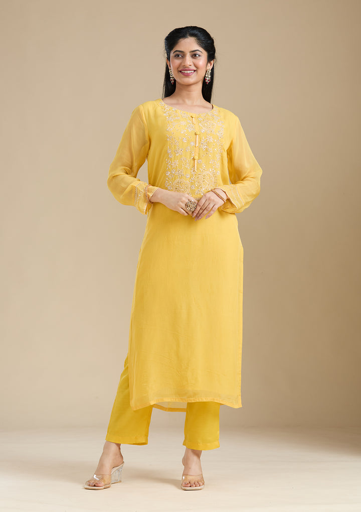 Mustard Yellow Organza Gold Zardozi Straight Kurta With Pant Regular And Dupatta