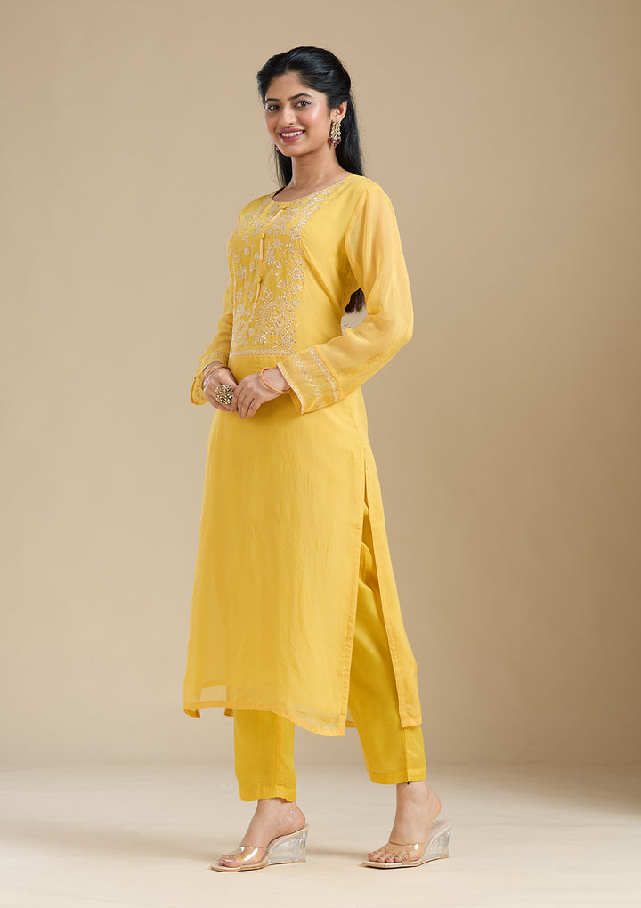 Mustard Yellow Organza Gold Zardozi Straight Kurta With Pant Regular And Dupatta