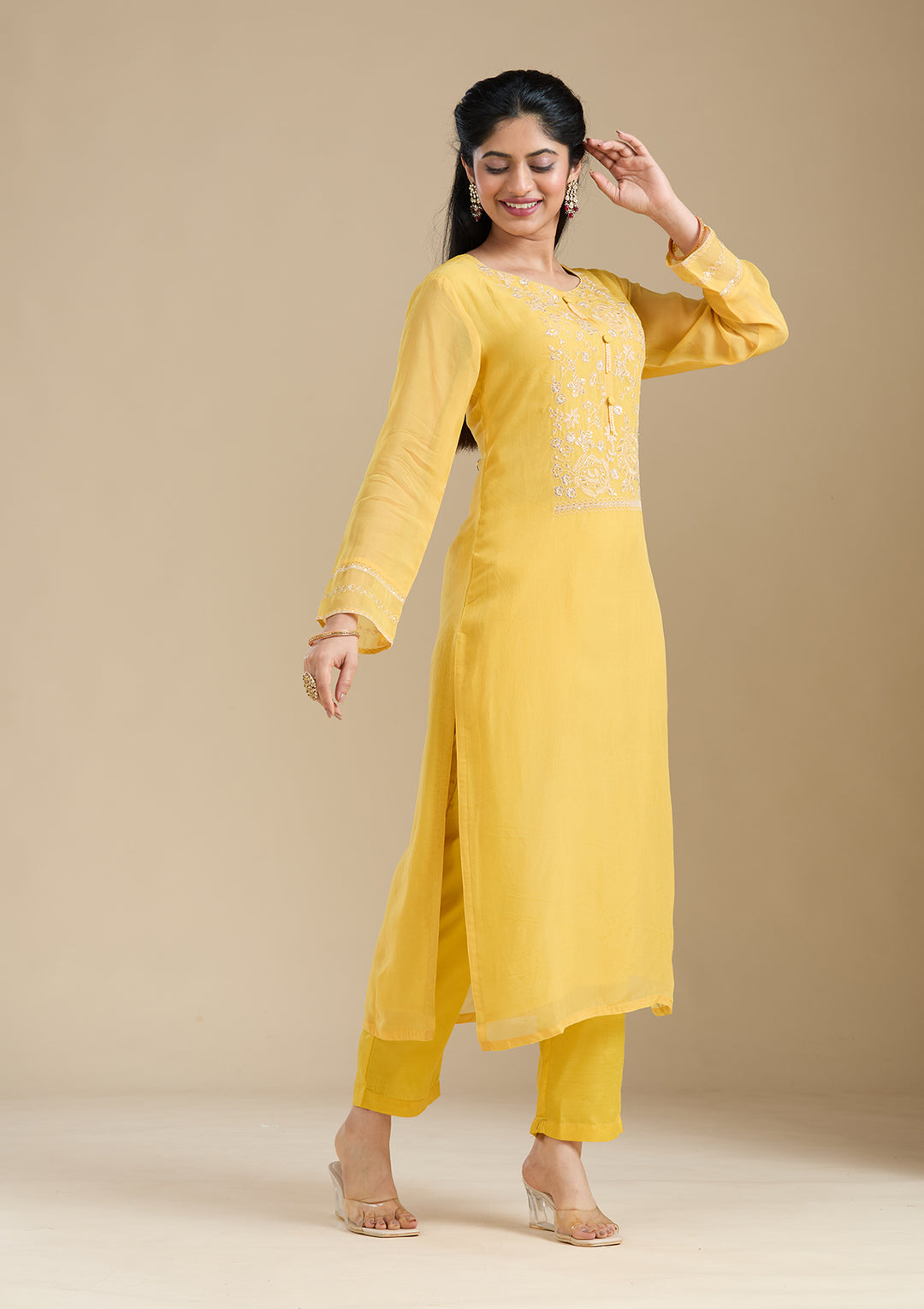 Mustard Yellow Organza Gold Zardozi Straight Kurta With Pant Regular And Dupatta