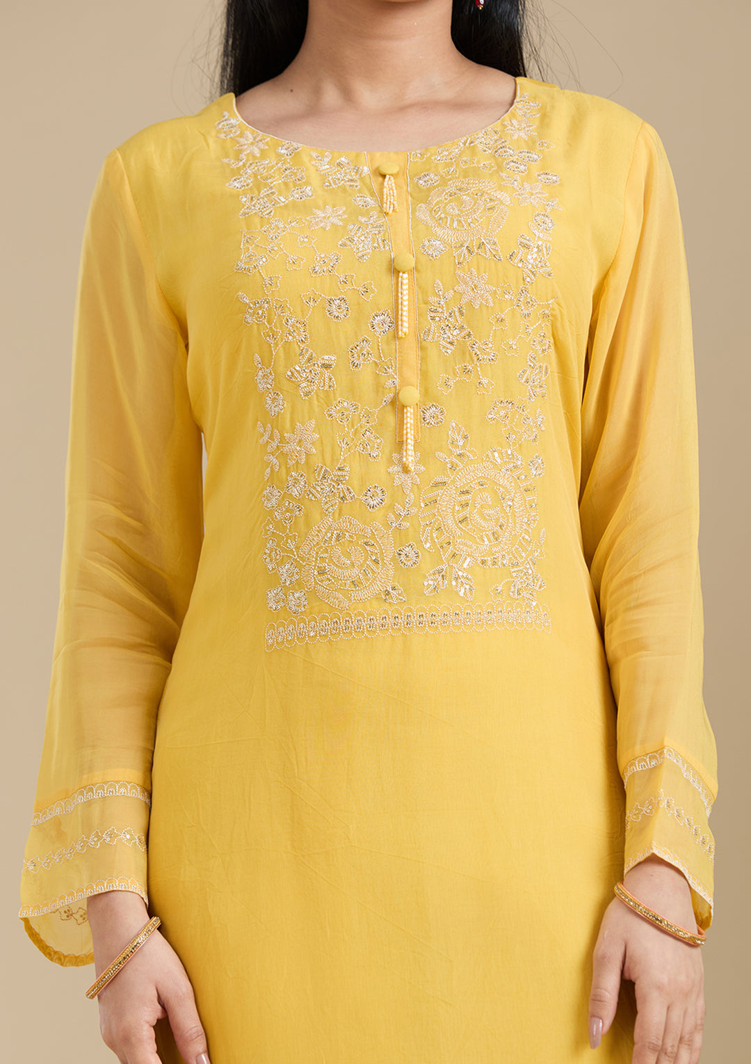 Mustard Yellow Organza Gold Zardozi Straight Kurta With Pant Regular And Dupatta