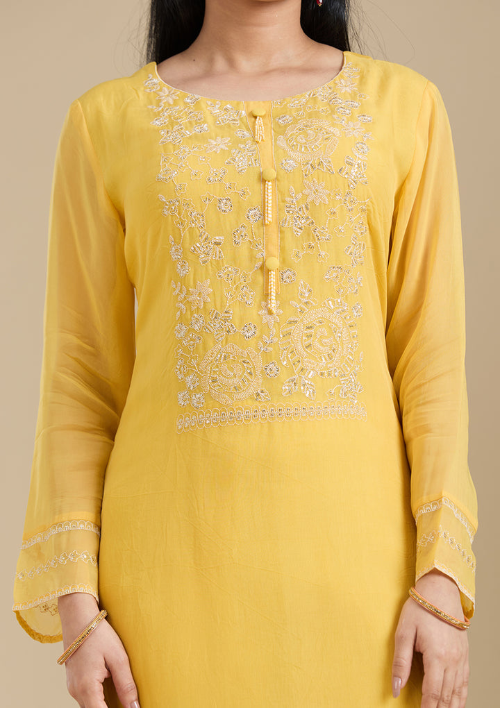 Mustard Yellow Organza Gold Zardozi Straight Kurta With Pant Regular And Dupatta