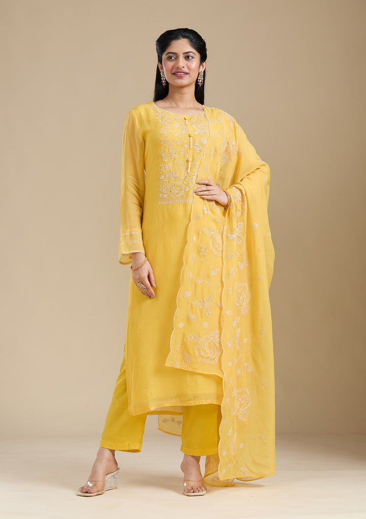 Mustard Yellow Organza Gold Zardozi Straight Kurta With Pant Regular And Dupatta