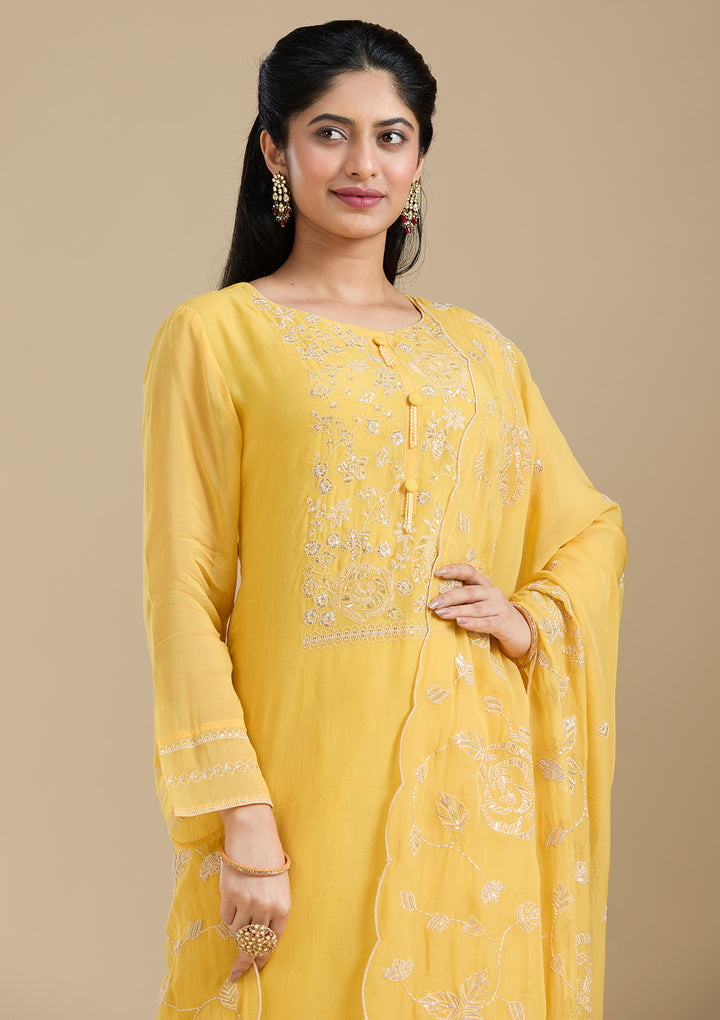 Mustard Yellow Organza Gold Zardozi Straight Kurta With Pant Regular And Dupatta