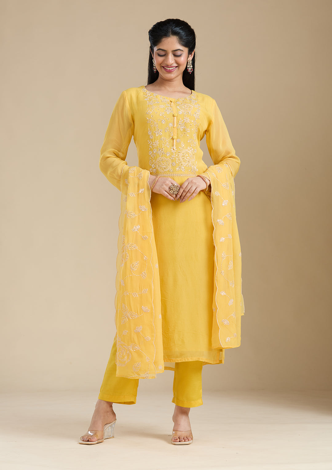 Mustard Yellow Organza Gold Zardozi Straight Kurta With Pant Regular And Dupatta