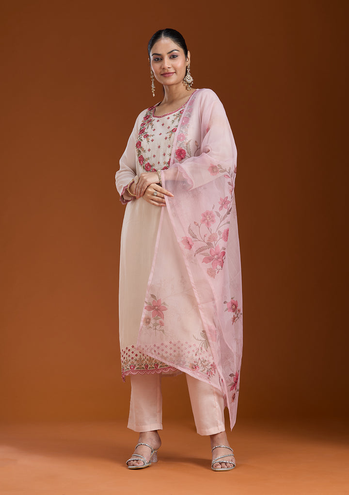 Beige Organza Floral Threadwork Straight Kurta With Pant Regular And Dupatta
