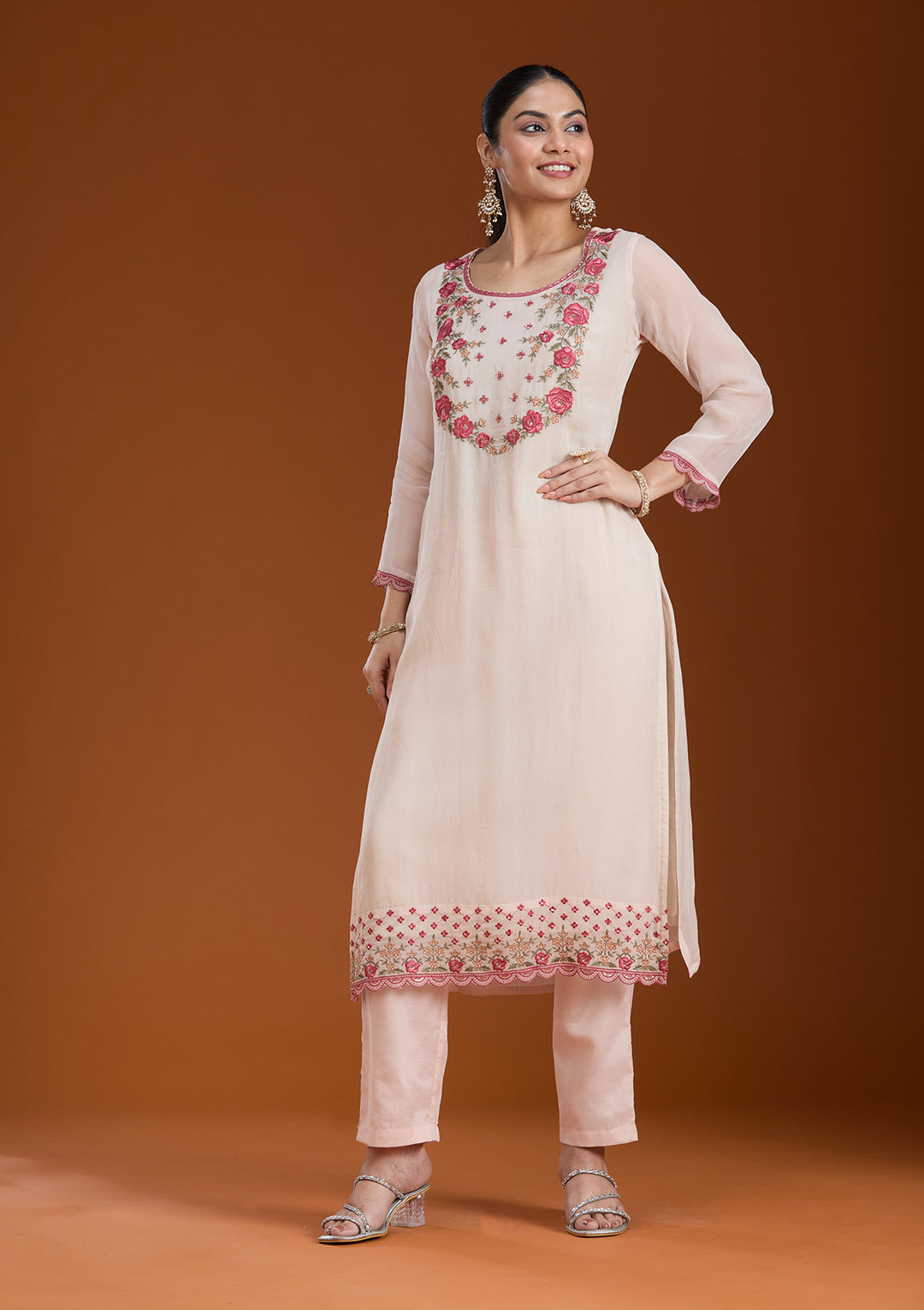 Beige Organza Floral Threadwork Straight Kurta With Pant Regular And Dupatta
