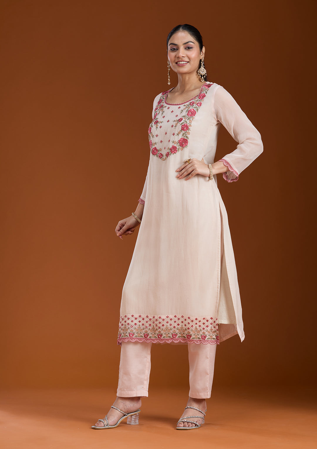Beige Organza Floral Threadwork Straight Kurta With Pant Regular And Dupatta