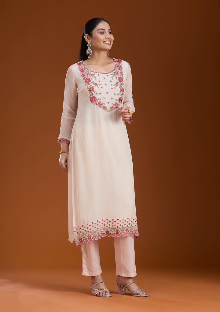 Beige Organza Floral Threadwork Straight Kurta With Pant Regular And Dupatta