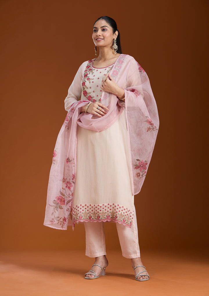 Beige Organza Floral Threadwork Straight Kurta With Pant Regular And Dupatta