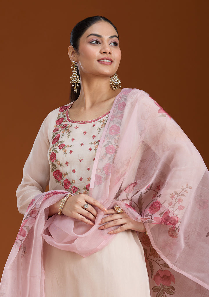 Beige Organza Floral Threadwork Straight Kurta With Pant Regular And Dupatta