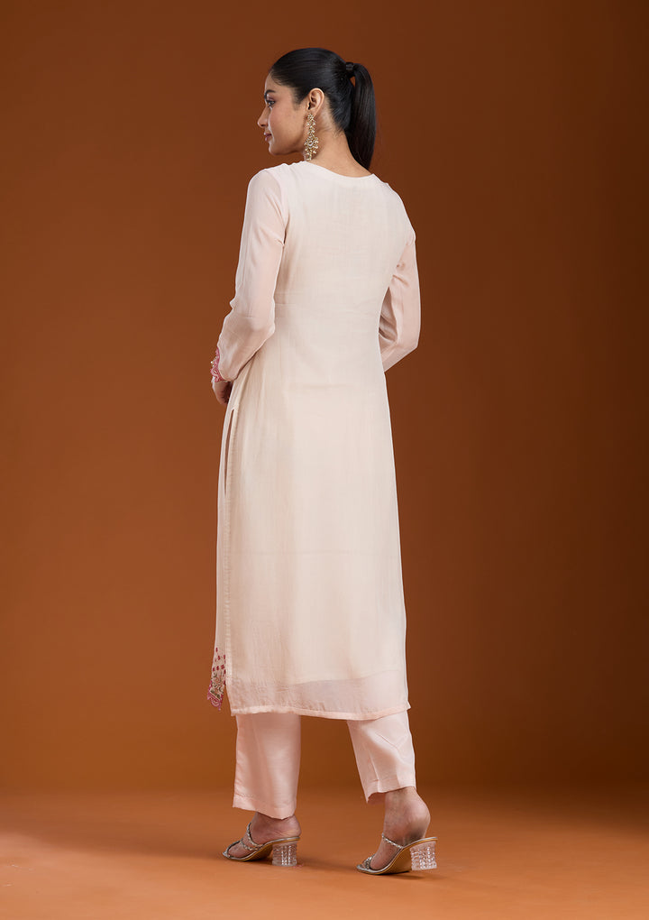 Beige Organza Floral Threadwork Straight Kurta With Pant Regular And Dupatta