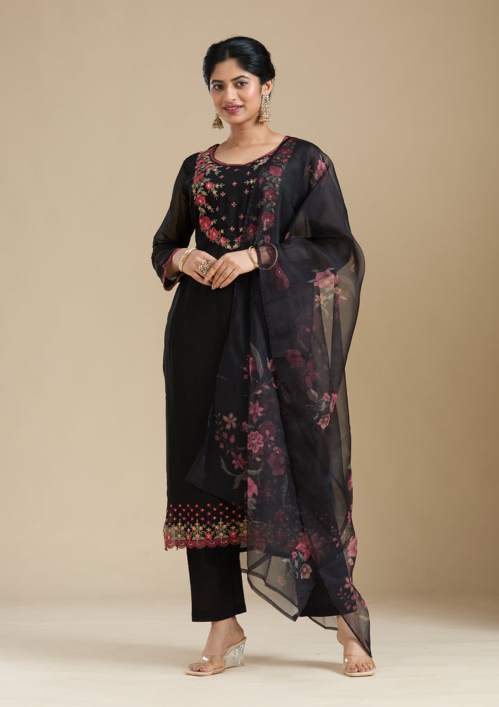 Black Organza Floral Threadwork Straight Kurta With Pant Regular And Dupatta