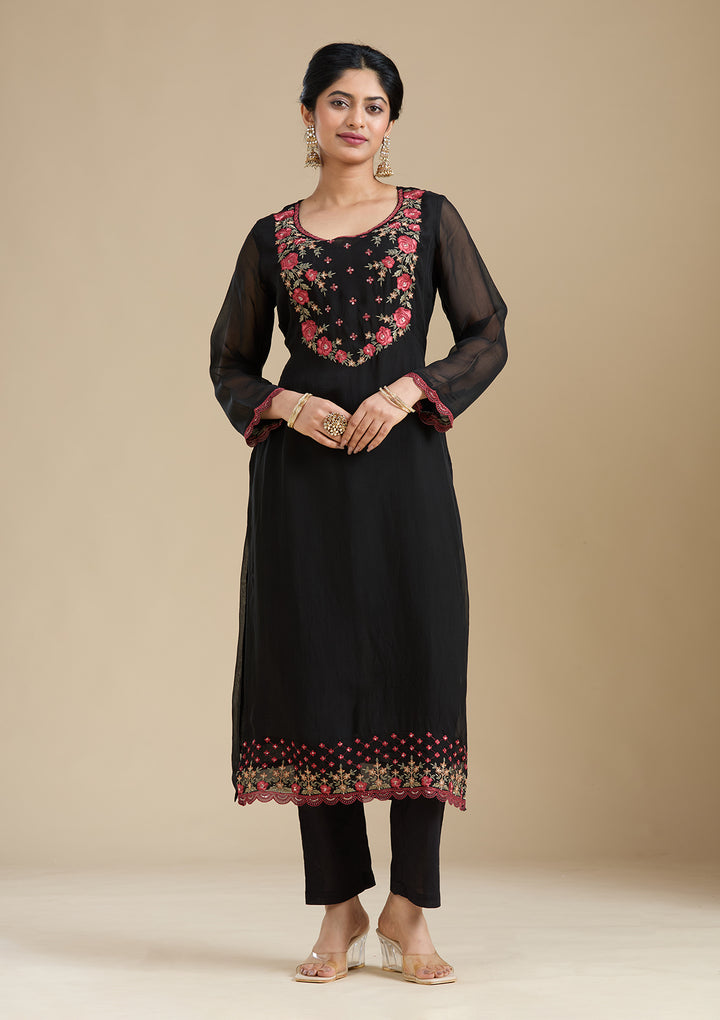 Black Organza Floral Threadwork Straight Kurta With Pant Regular And Dupatta