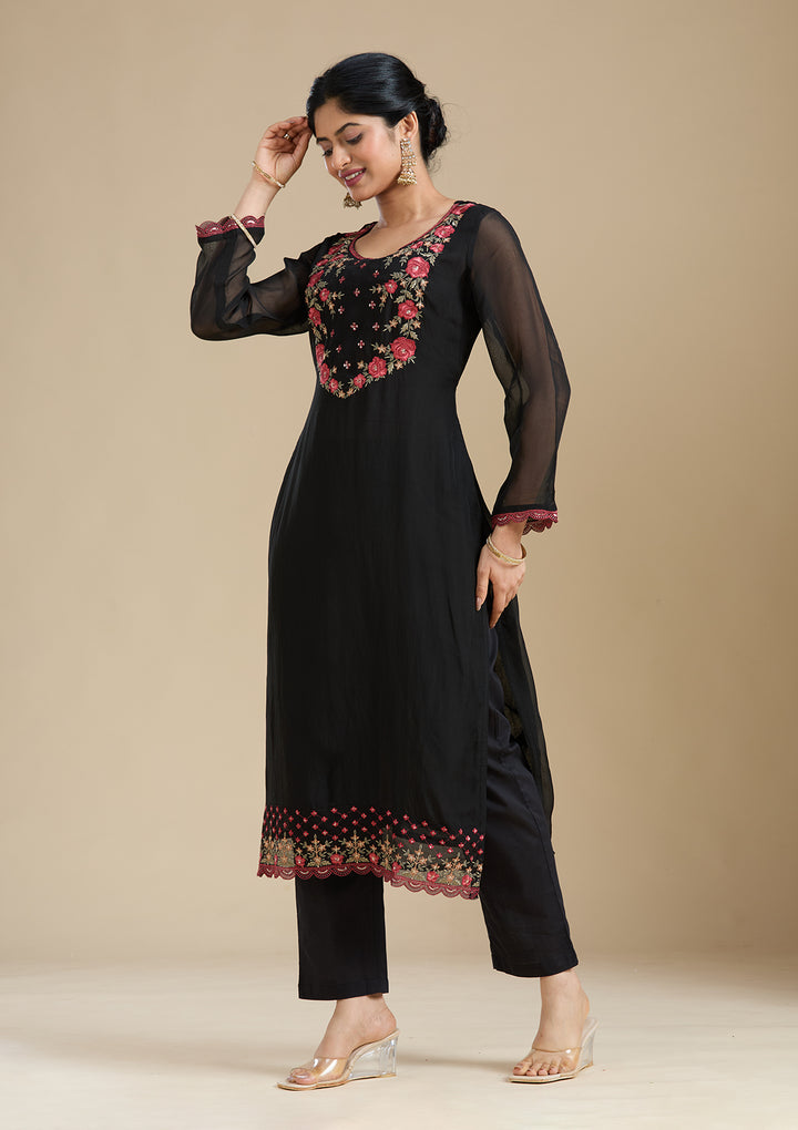 Black Organza Floral Threadwork Straight Kurta With Pant Regular And Dupatta