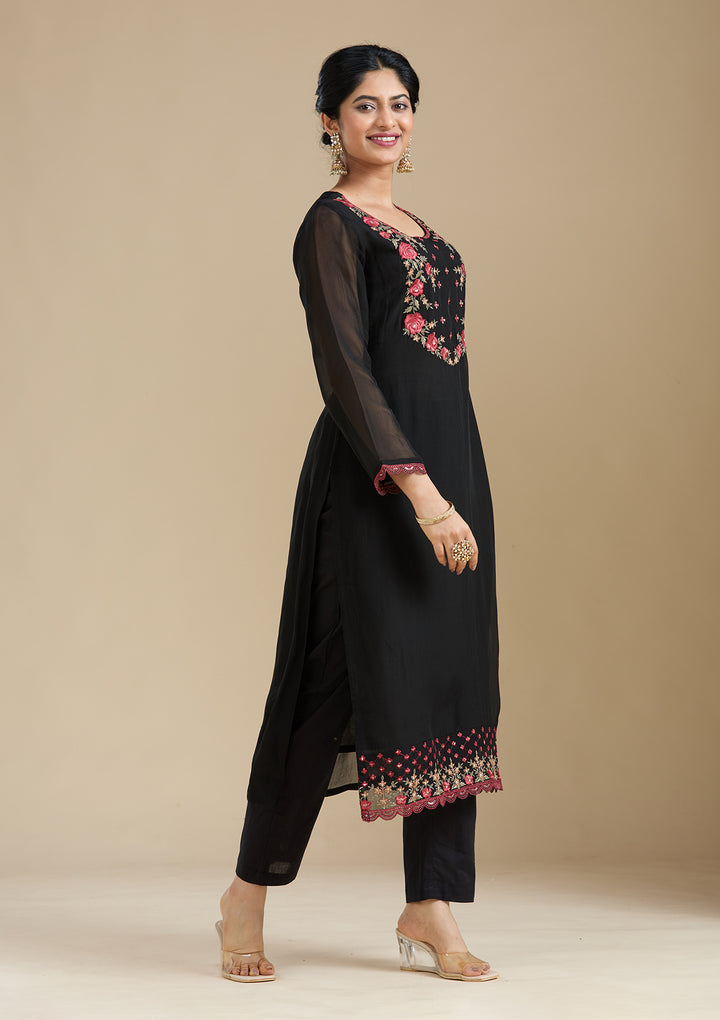 Black Organza Floral Threadwork Straight Kurta With Pant Regular And Dupatta