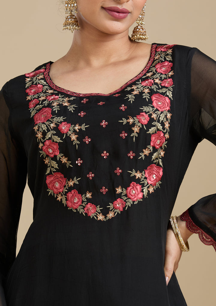 Black Organza Floral Threadwork Straight Kurta With Pant Regular And Dupatta