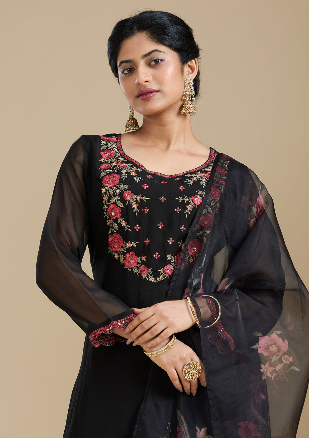 Black Organza Floral Threadwork Straight Kurta With Pant Regular And Dupatta