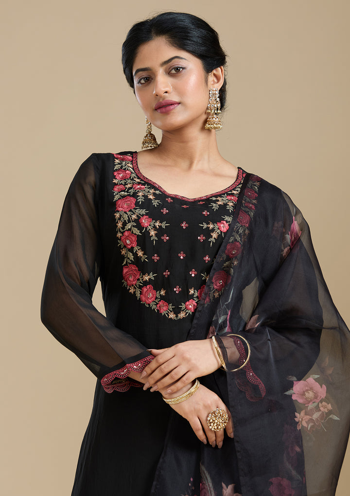 Black Organza Floral Threadwork Straight Kurta With Pant Regular And Dupatta