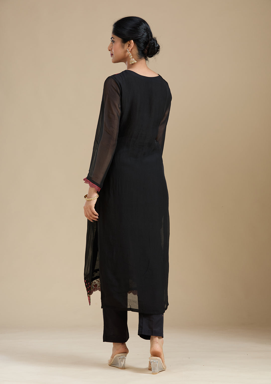 Black Organza Floral Threadwork Straight Kurta With Pant Regular And Dupatta