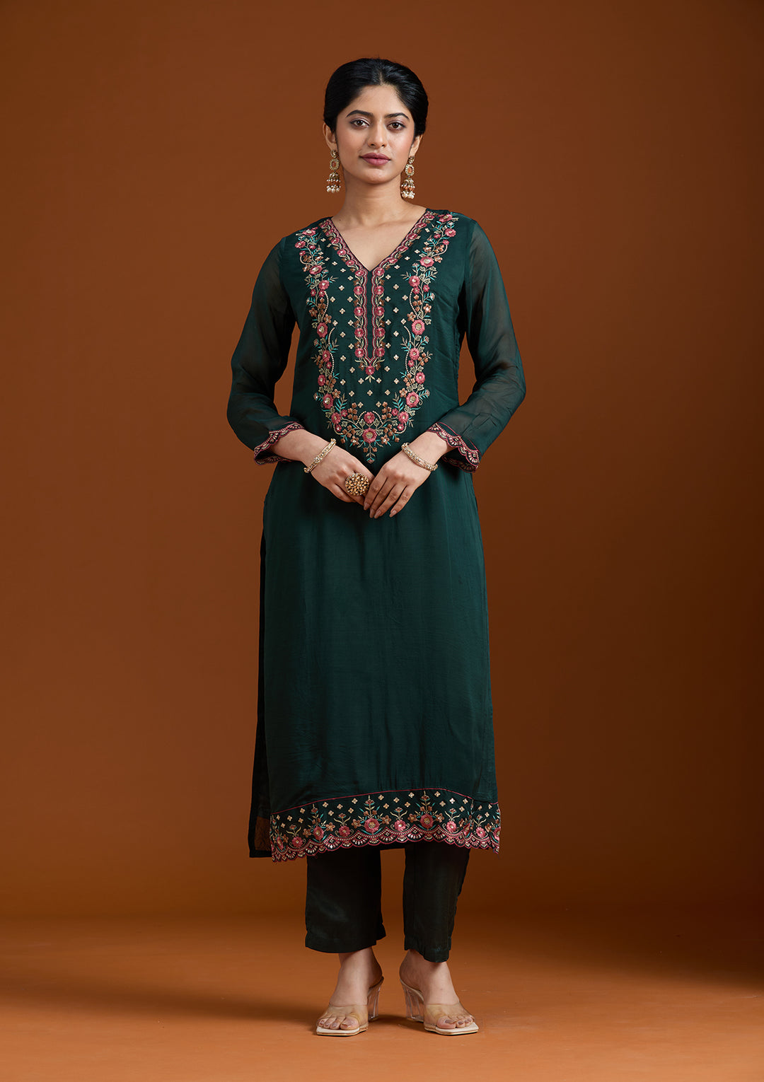 Bottle Green Organza Threadwork Straight Kurta With Pant Regular And Dupatta