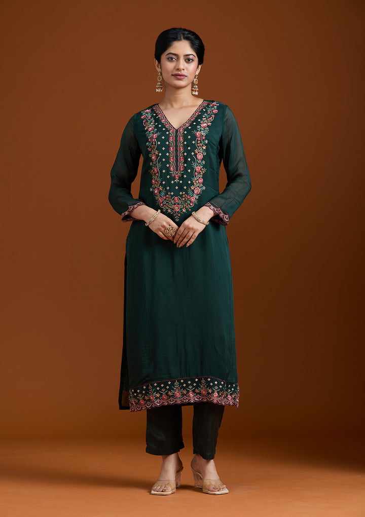 Bottle Green Organza Threadwork Straight Kurta With Pant Regular And Dupatta