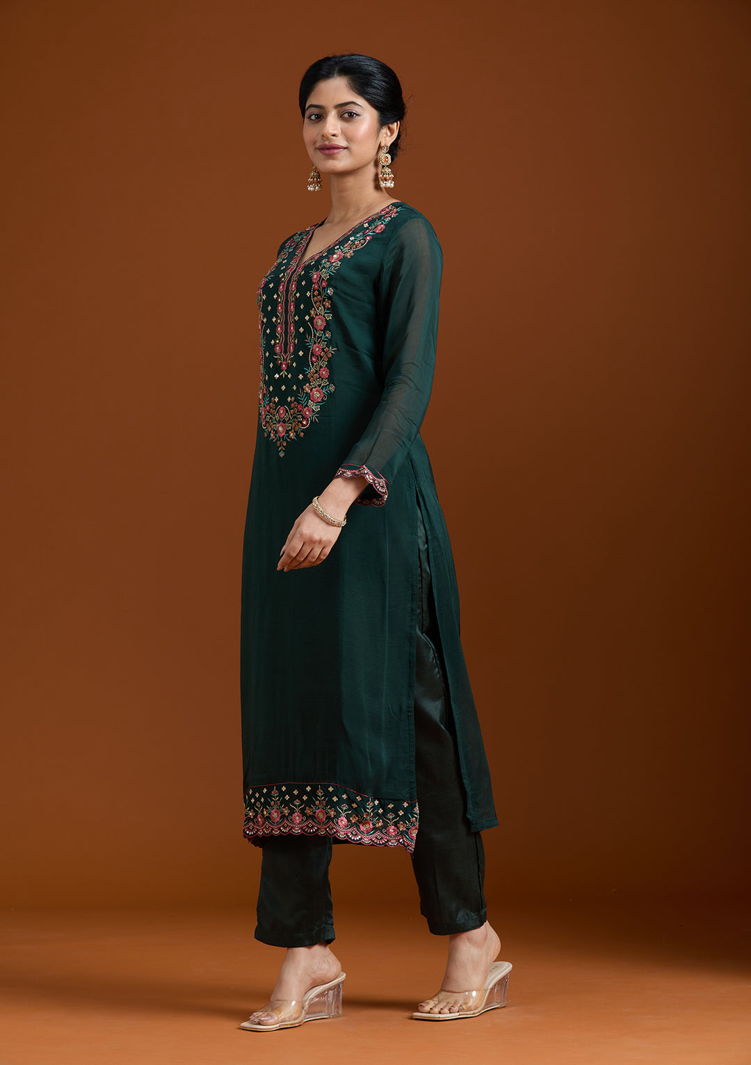 Bottle Green Organza Threadwork Straight Kurta With Pant Regular And Dupatta