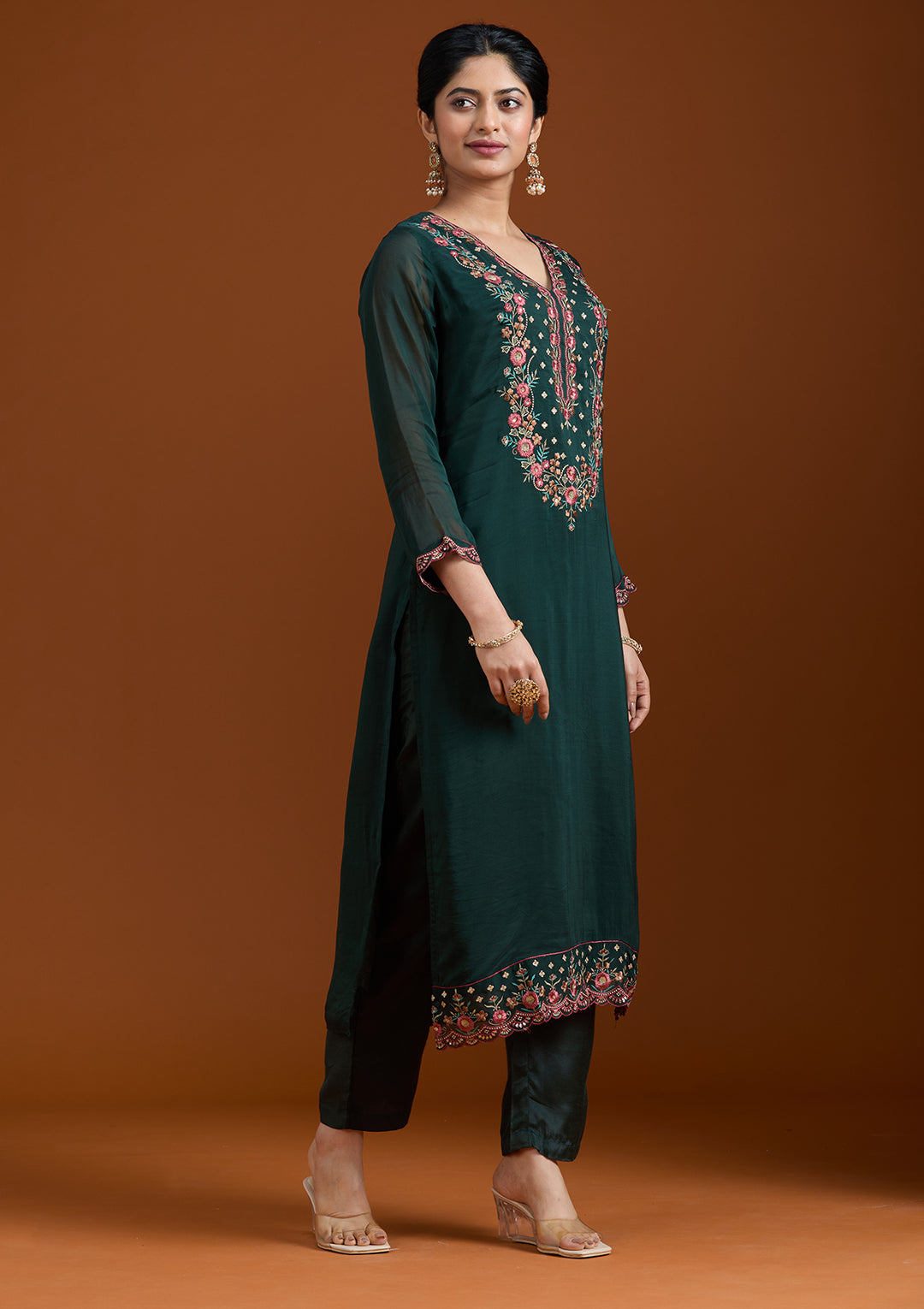 Bottle Green Organza Threadwork Straight Kurta With Pant Regular And Dupatta