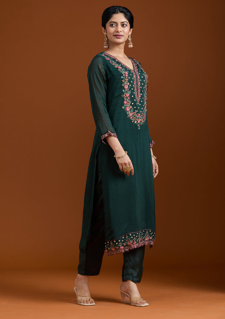 Bottle Green Organza Threadwork Straight Kurta With Pant Regular And Dupatta