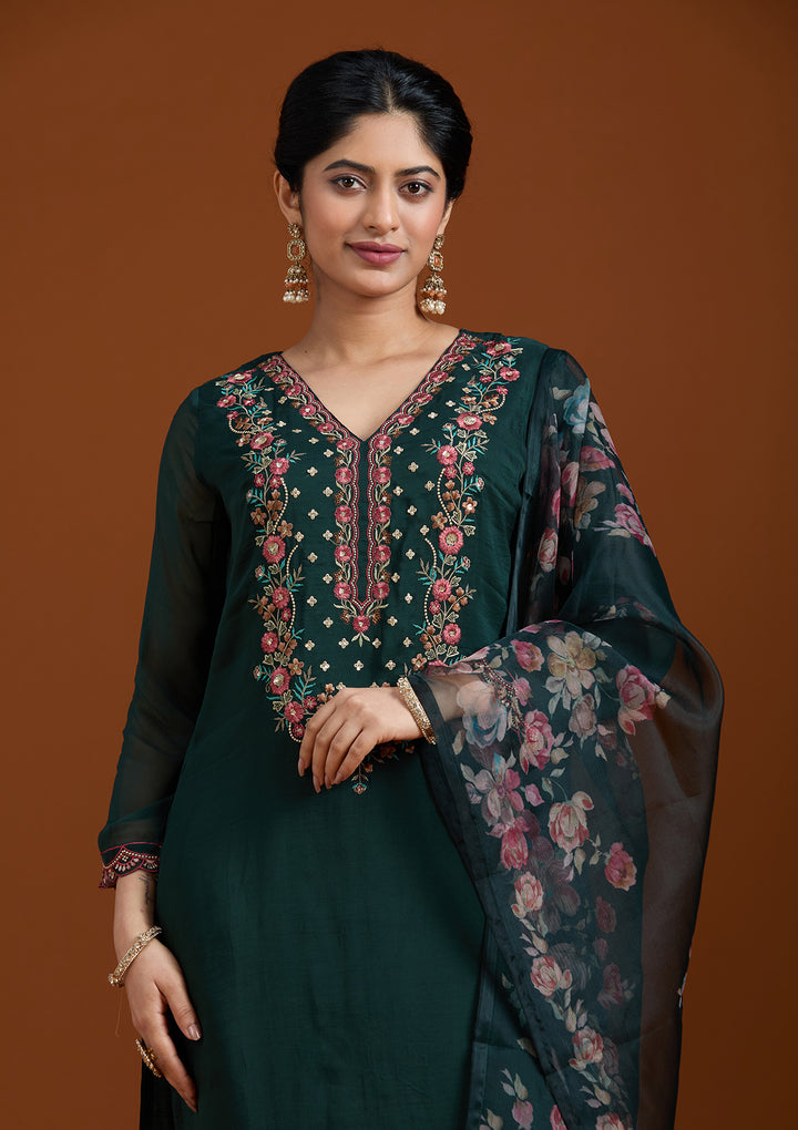 Bottle Green Organza Threadwork Straight Kurta With Pant Regular And Dupatta