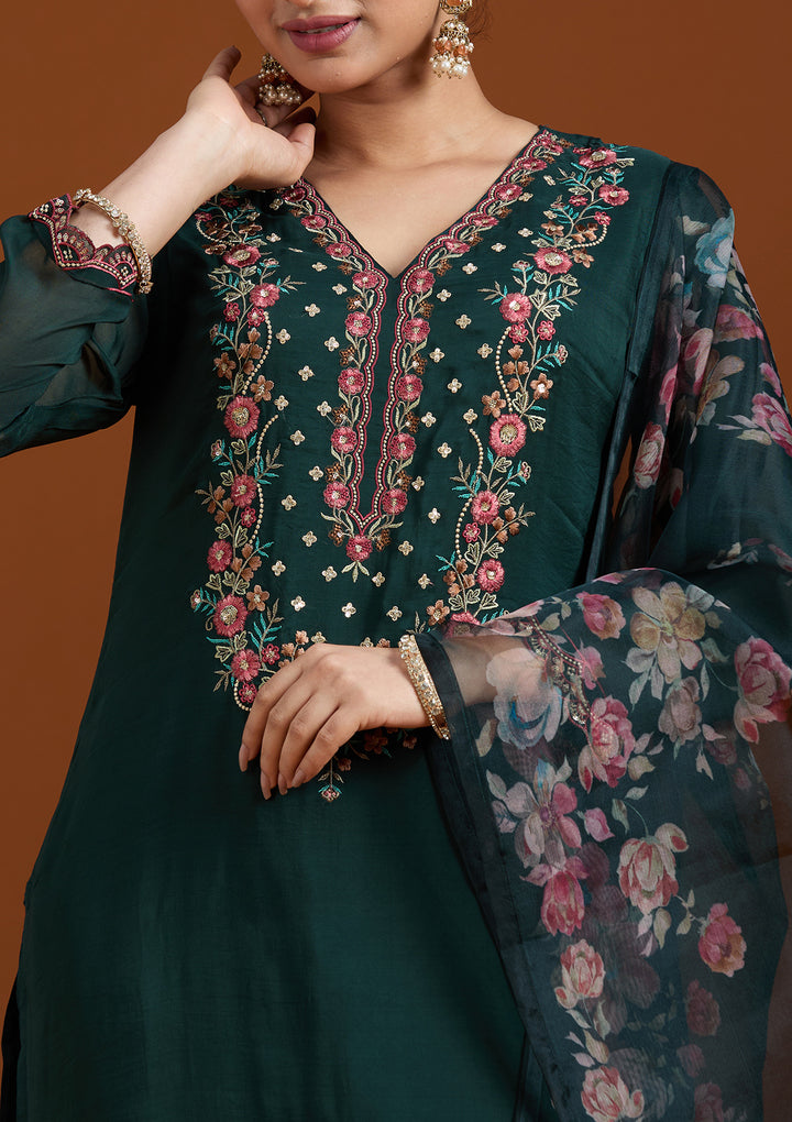Bottle Green Organza Threadwork Straight Kurta With Pant Regular And Dupatta
